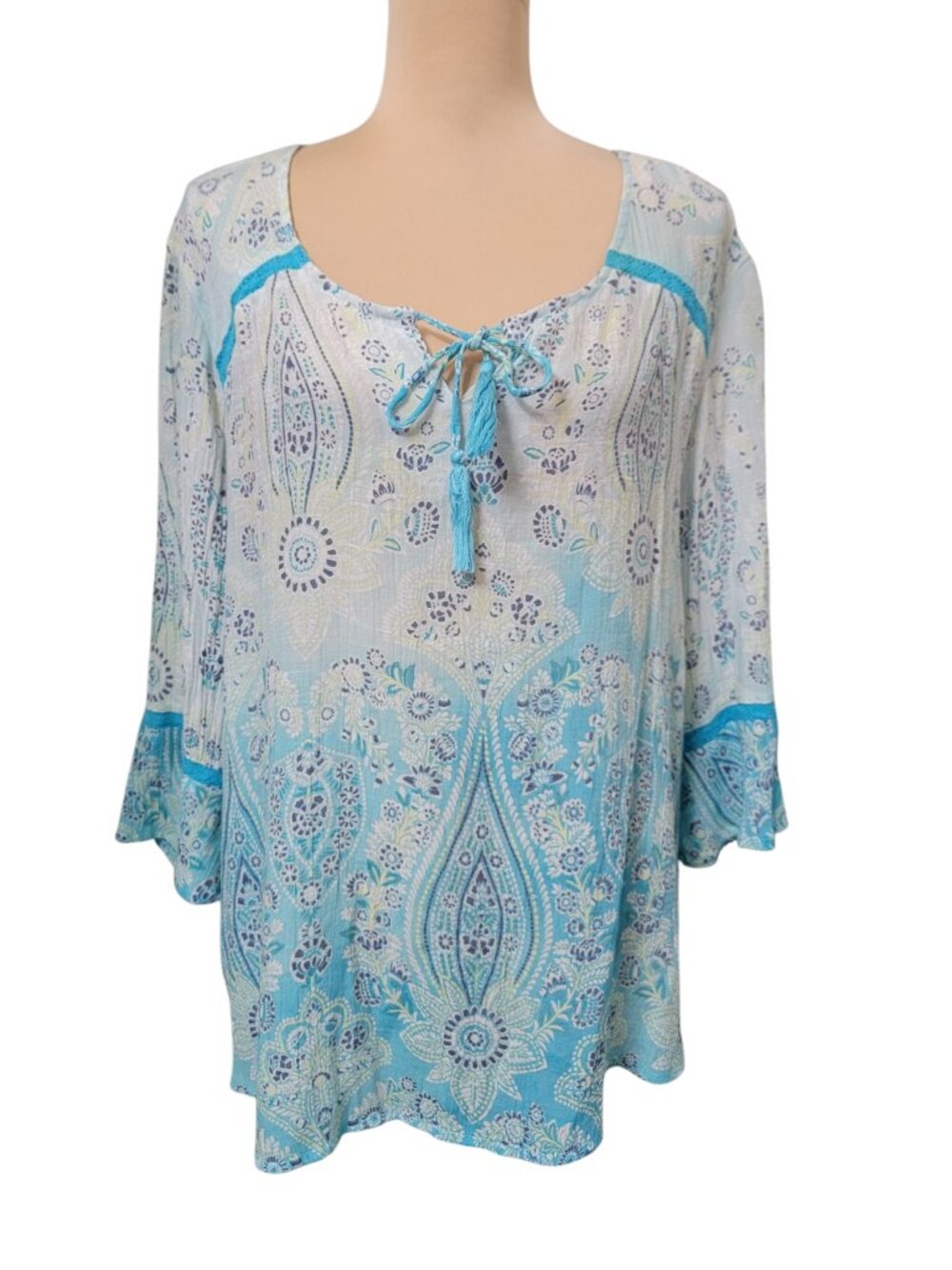 Blair Size 2XL Blue & White Boho Peasant Tunic with Paisley Pattern
